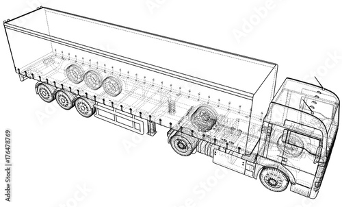 Model trailer truck. Wire-frame. EPS10 format. Vector rendering of 3d.