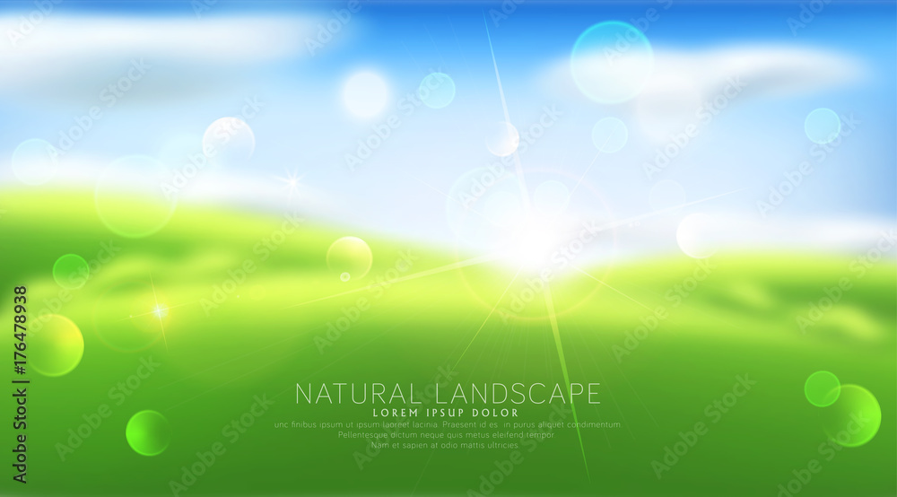 Vector abstract background with blur. Green grass, sky, clouds, sun. Template for modern design, advertising.