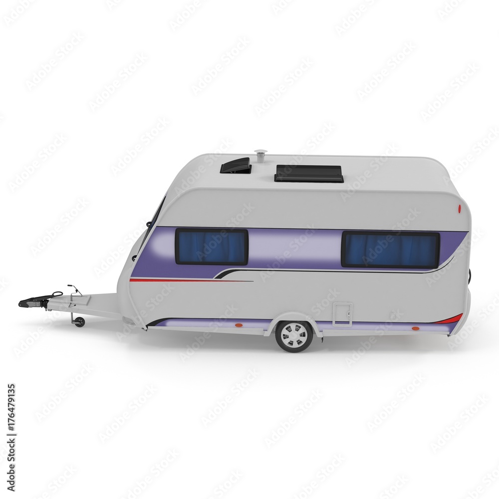 Travel Trailer Caravan on a white. Side view. 3D illustration