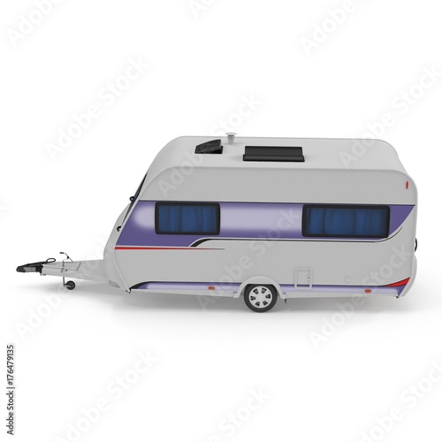 Travel Trailer Caravan on a white. Side view. 3D illustration