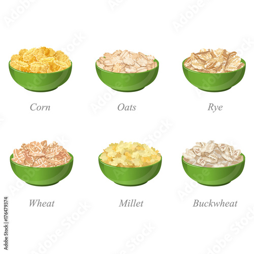 Six bowls with different cereal flakes part one / There are corn, oats, rye, wheat, millet and buckwheat flakes
