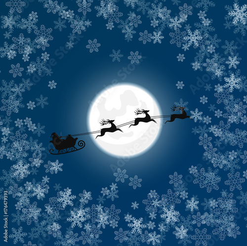 Vector illustration of silhouette of Santa in snow flying sledge over moon. Christmas card.