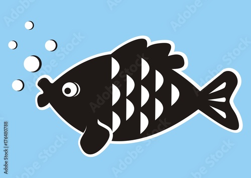 Black fish with bubble, carp, vector icon