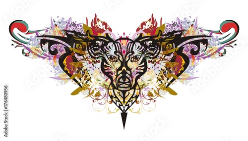 Colorful deer head in grunge style. Tribal deer head closeup with color splashes for your design