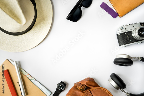 Top view of travel accessories on white table, Modern Vintage items concept with Copy space