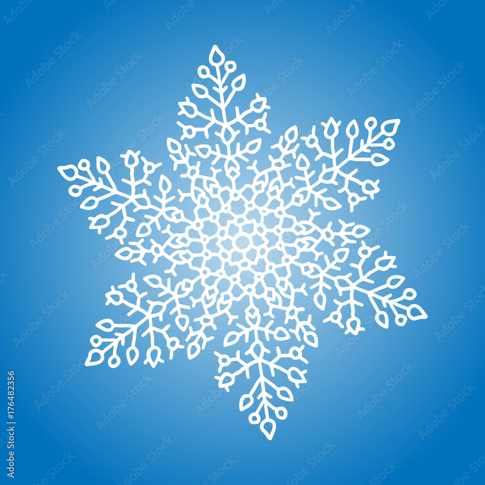 Winter white snowflake on blue background. Christmas element. Vector illustration.