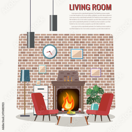 Cozy living room interior with furniture and fireplace. Flat design.