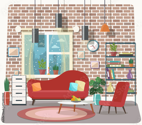 Cozy living room interior with furniture and fireplace. Flat design.