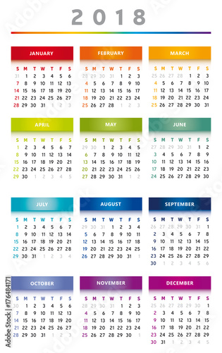Calendrier 2018 en Anglais - Couleurs Arc-en-Ciel Format 4 Trimestres - 3 Colonnes