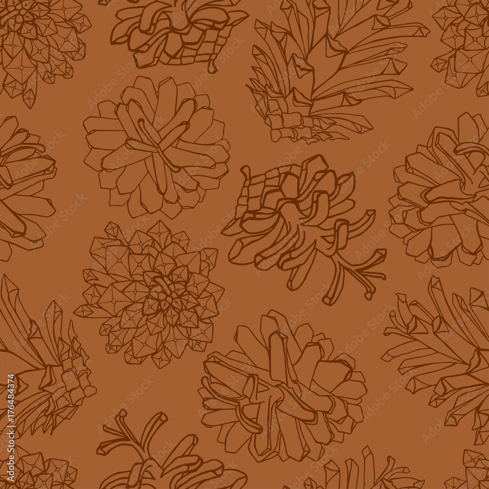 Fototapeta premium Hand drawn vector illustrations. Seamless pattern with pine cones. Forest background