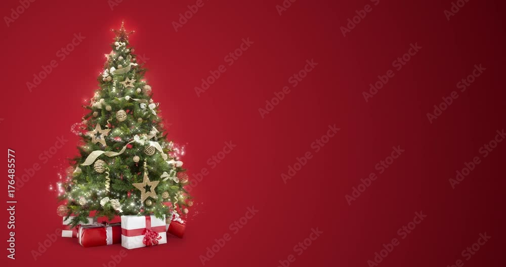 Looping lights decorated xmas tree with gift boxes and magic lights on red background with text space to place logo or copy. Animated abstract Christmas present greeting post card. 4k loop video