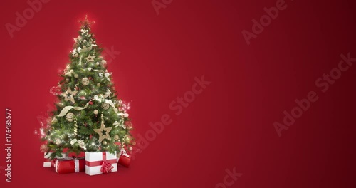 Looping lights decorated xmas tree with gift boxes and magic lights on red background with text space to place logo or copy. Animated abstract Christmas present greeting post card. 4k loop video
