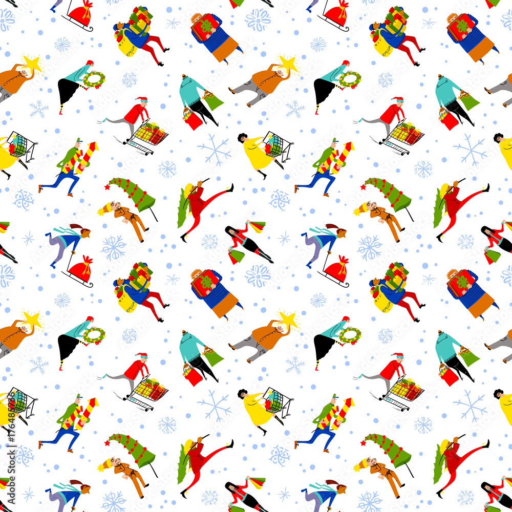 Shopping people seamless pattern. Christmas sale background.  Group of people in rush time in winter hilidays eve