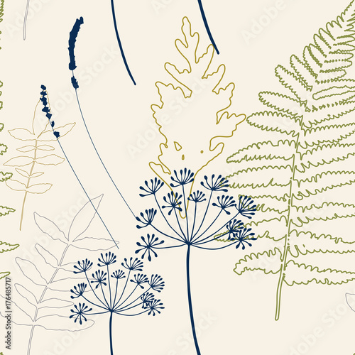 Floral vector seamless pattern with dill and lavender flowers, fern leaves an...