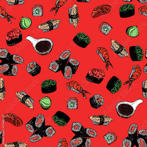 Seamless pattern of hand drawn sketch style sushi. Vector illustration isolated on red background.