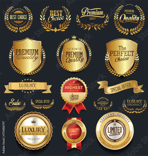Gold and silver shields laurel wreaths and badges collection 