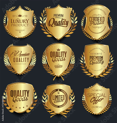 Gold and silver shields laurel wreaths and badges collection 