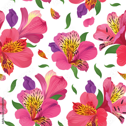 Fototapeta Naklejka Na Ścianę i Meble -  
Flower seamless pattern with beautiful pink alstroemeria lily flowers on white background template. Vector set of blooming floral for wedding invitations and greeting card design. 