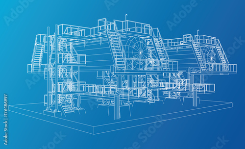 Wire-frame Oil and Gas industrial equipment. Tracing illustration of 3d.