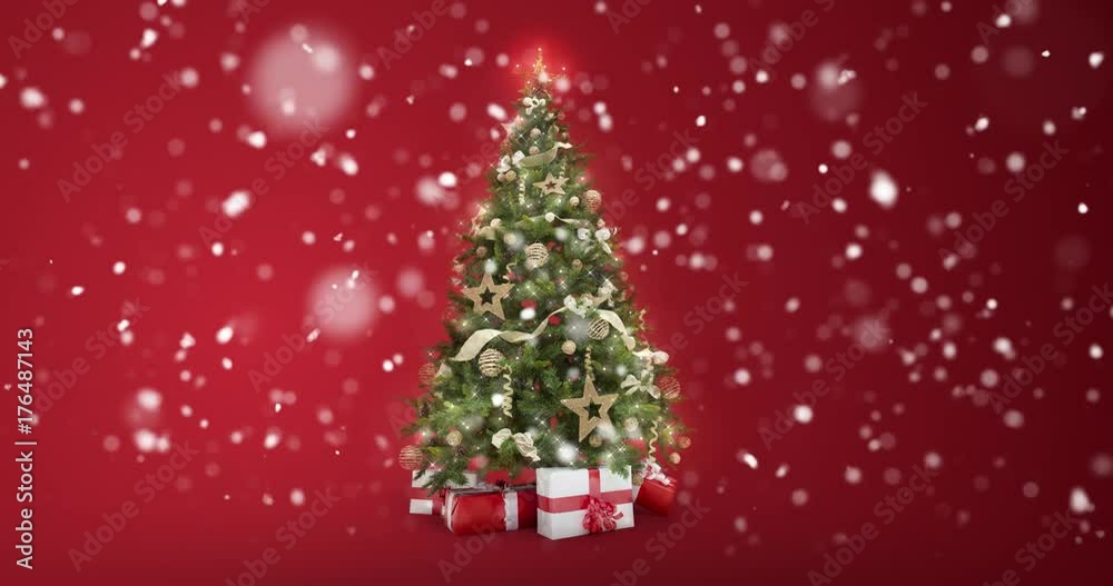 Looping lights decorated xmas tree with gift boxes on red background and snow flakes falling with text space to place logo or copy. Animated abstract Christmas present card. 4k seamless loop video Looping lights decorated xmas tree with gift boxes on red background and snow flakes falling with text space to place logo or copy. Animated abstract Christmas present card. 4k seamless loop video