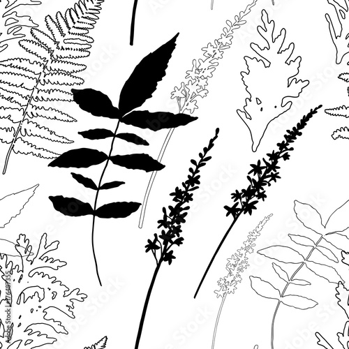 Floral vector seamless pattern with wild flowers, fern leaves and evergreen p...