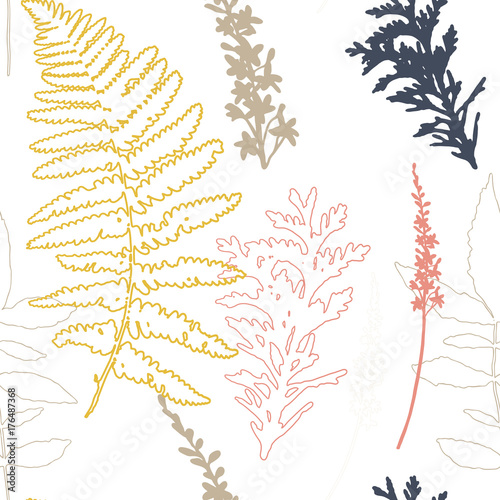 Floral vector seamless pattern with wild flowers, fern leaves and evergreen p...
