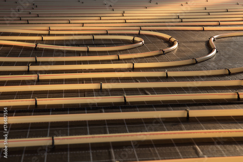 Construction of house. Tubing are elements of radiant floor heating system