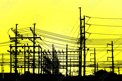 silhouette electricity pole, electricity pylons technology on sunset time background