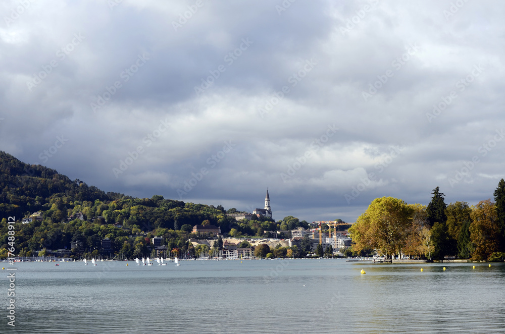 Annecy lake and city, autumn landscape