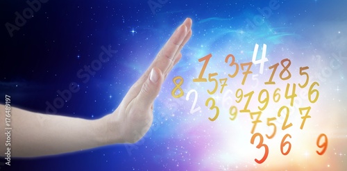 Composite image of hand of man pretending to touch invisible