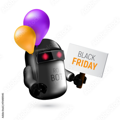 Cute black flying robot with pink and orange balloons holding a sign in his hand. Realistic vector illustration to black friday isolated on white background. Can be used for advertising and web design