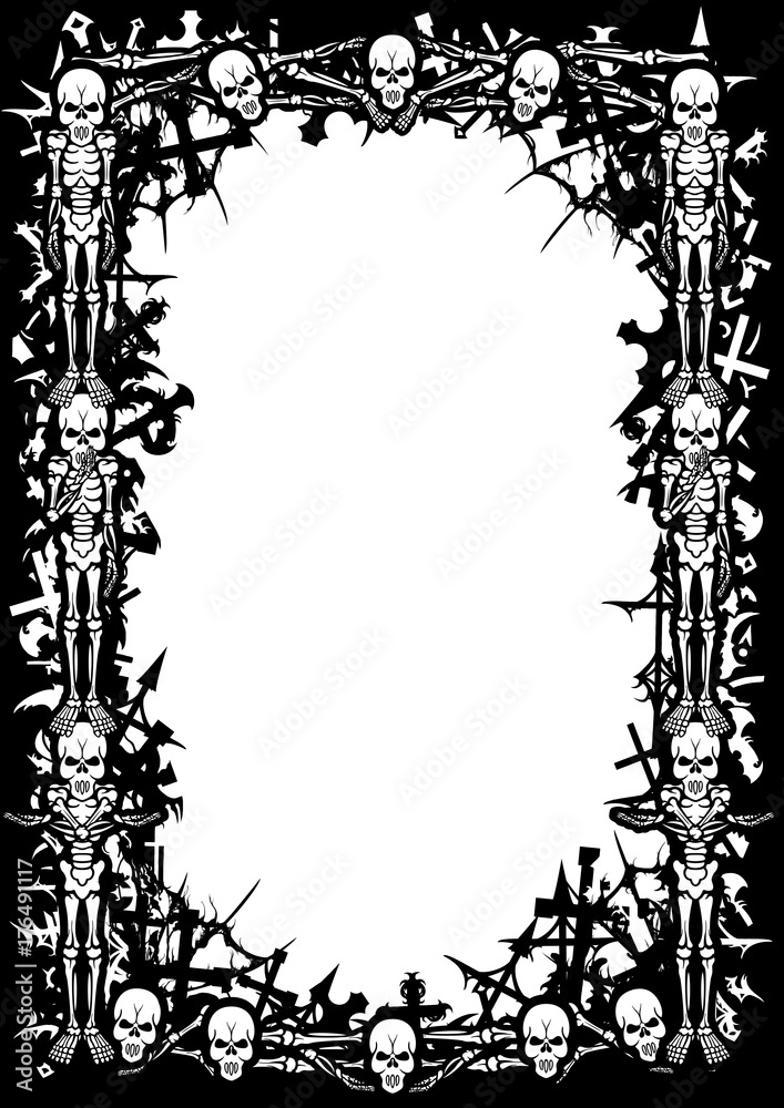 Deadly frame. Black&white frame with skeletons, cemetery crosses, bones