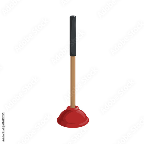 Cartoon simple gradient rubber plunger with long wooden handle. Cleaning vector illustration.