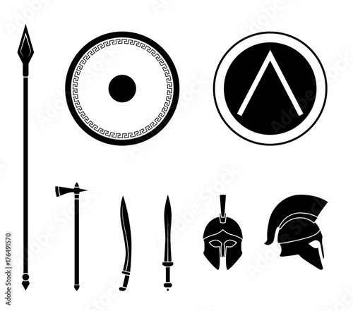 Set of ancient greek spartan weapon and protective equipment. Spear, sword, gladius, shield, axe, helmet. Warrior outfit Vector illustration