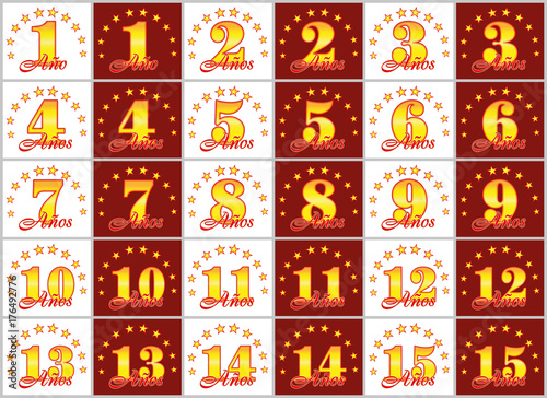 Set of gold numbers from 1 to 15 and the word of the year decorated with a circle of stars. Vector illustration. Translated from Spanish - Years