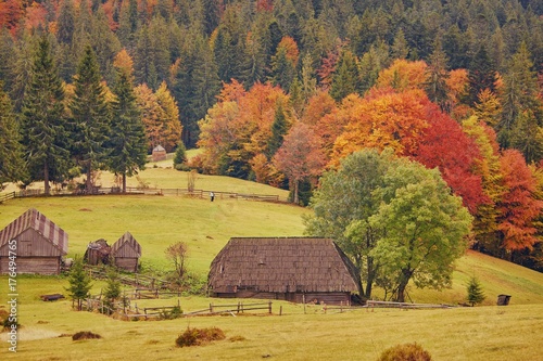Colorful autumn landscape in the mountain village. Foggy morning in the Carpathian mountains.