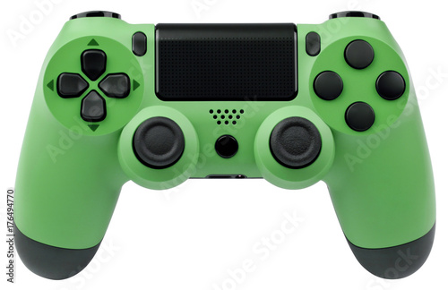 Green gaming controller isolated on white background.