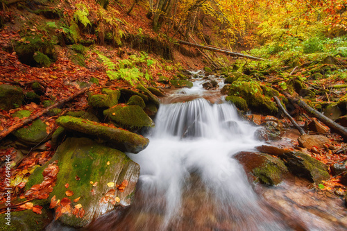 Beautiful waterfall at mountain river in colorful autumn forest with red and orange leaves at sunset.