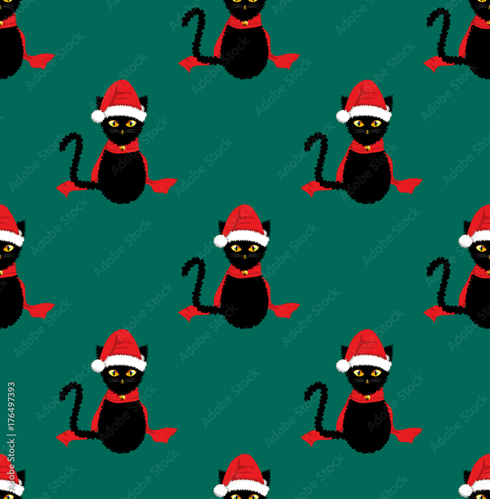 Black Cat Santa Hat Seamless on Green Teal Background