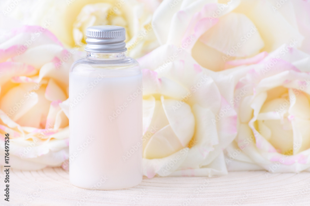 natural cosmetic bottle with fresh rose flowers, organic products natural cosmetic bottle with fresh rose flowers, organic products