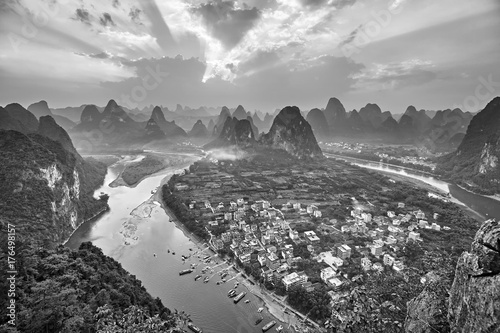 Принти на полотні Black and white picture of Li River at sunset seen from Lao Zhai Shan, Xingping, China