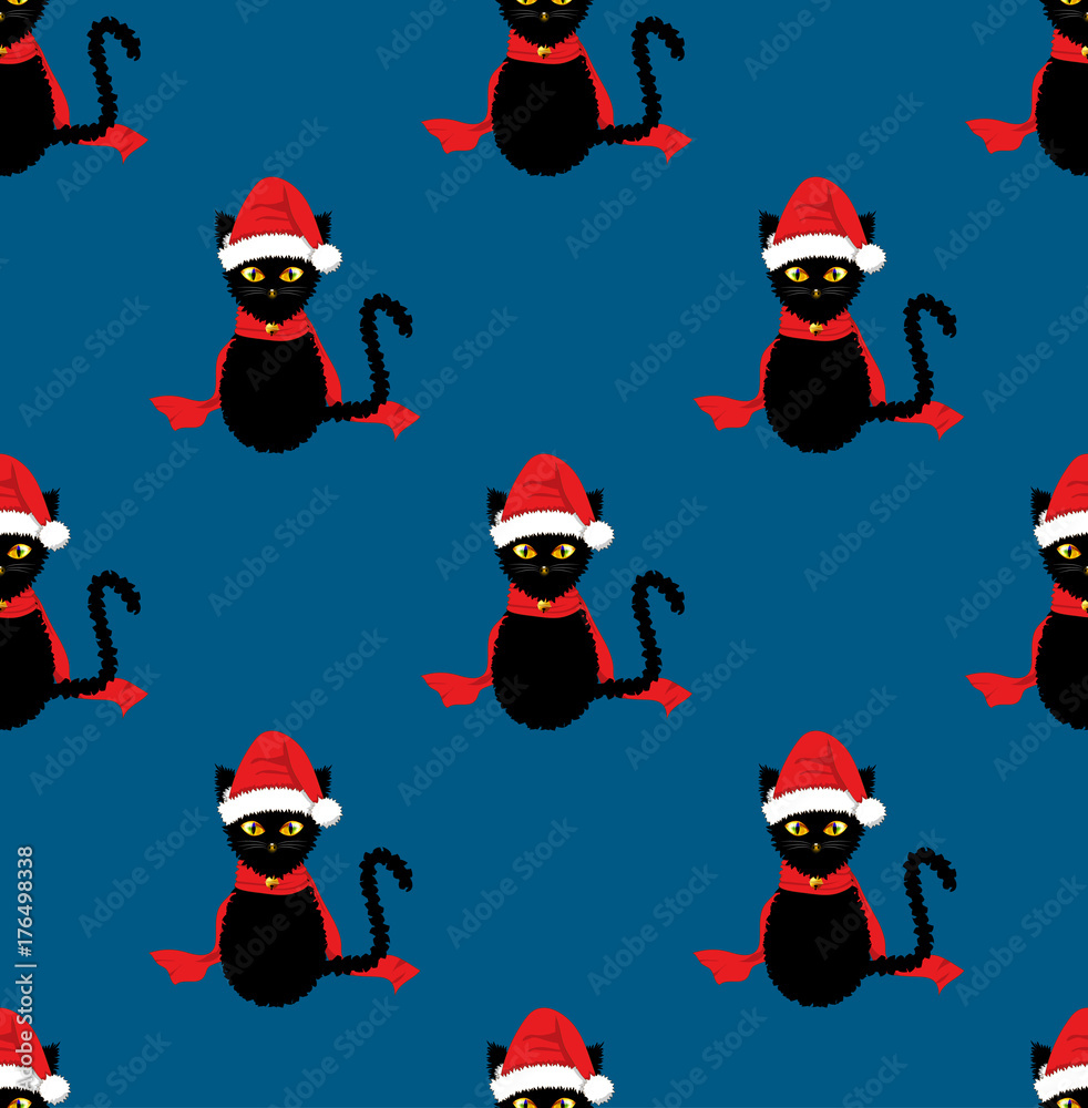 Black Cat Santa Hat Seamless on Indigo Blue Background