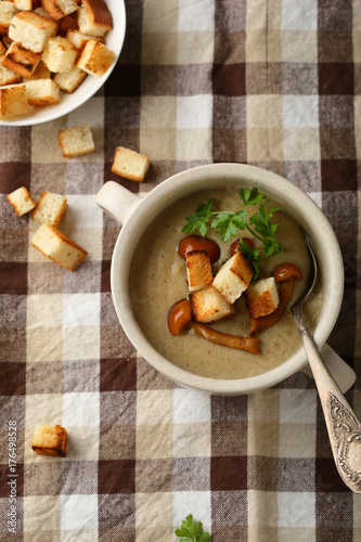 cream-soup with mushrooms and croutons above