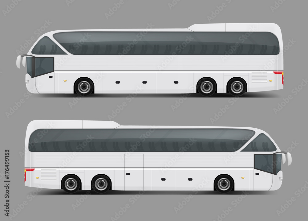 Blank white private charter, tour or coach bus right and left side view realistic vector template. Modern commercial passenger travel or tourist transport ready for brand, corporate ad mockup design Blank white private charter, tour or coach bus right and left side view realistic vector template. Modern commercial passenger travel or tourist transport ready for brand, corporate ad mockup design