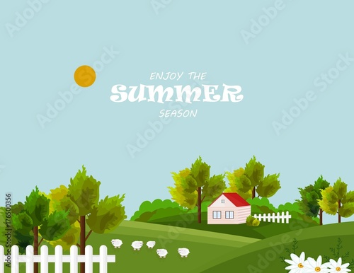 Farm village in summer season Vector. Beautiful backgrounds