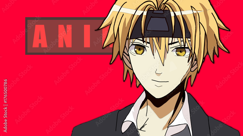 Anime Boy Blonde Hair Cartoon Character with in Suit standing in front of a  red background with a confident smile it's Anime Manga Boy Stock  Illustration | Adobe Stock