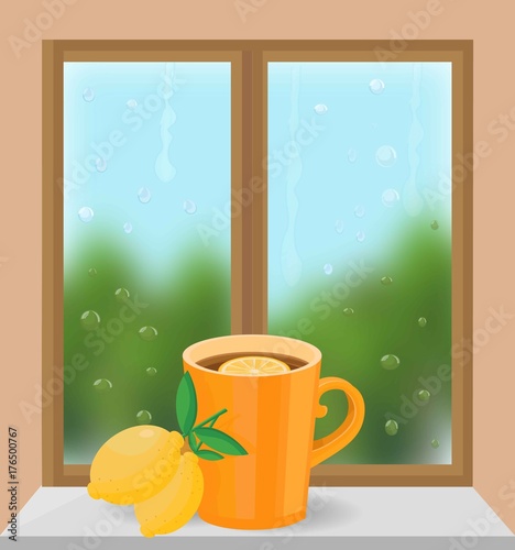 Cup of tea at the window Vector illustration. Autumn seasonal