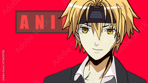 Anime Boy Blonde Hair Cartoon Character with in Suit standing in front of a red background with a confident smile it's Anime Manga Boy