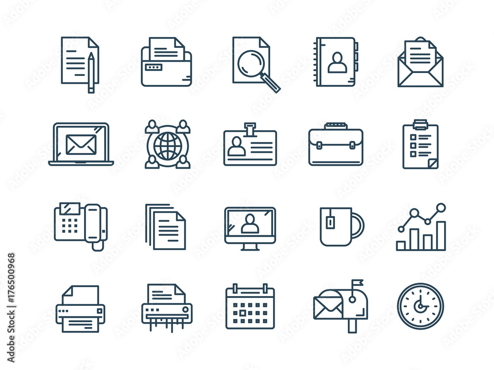 Business and office work. Documents, paperwork. Businessman. Thin line web icon set. Outline icons collection. Vector illustration.
