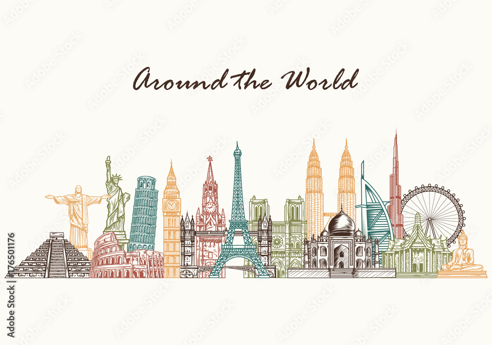 Hand drawn world skyline. Sketch style world famous monuments. Travel and tourism background. Vector illustration